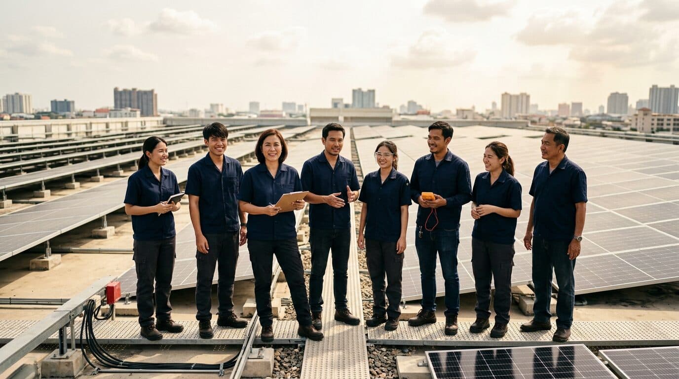 ทีมวิศวกร MIT Energy บนหลังคาที่ติดตั้งโซลาร์รูฟท็อปเชิงพาณิชย์