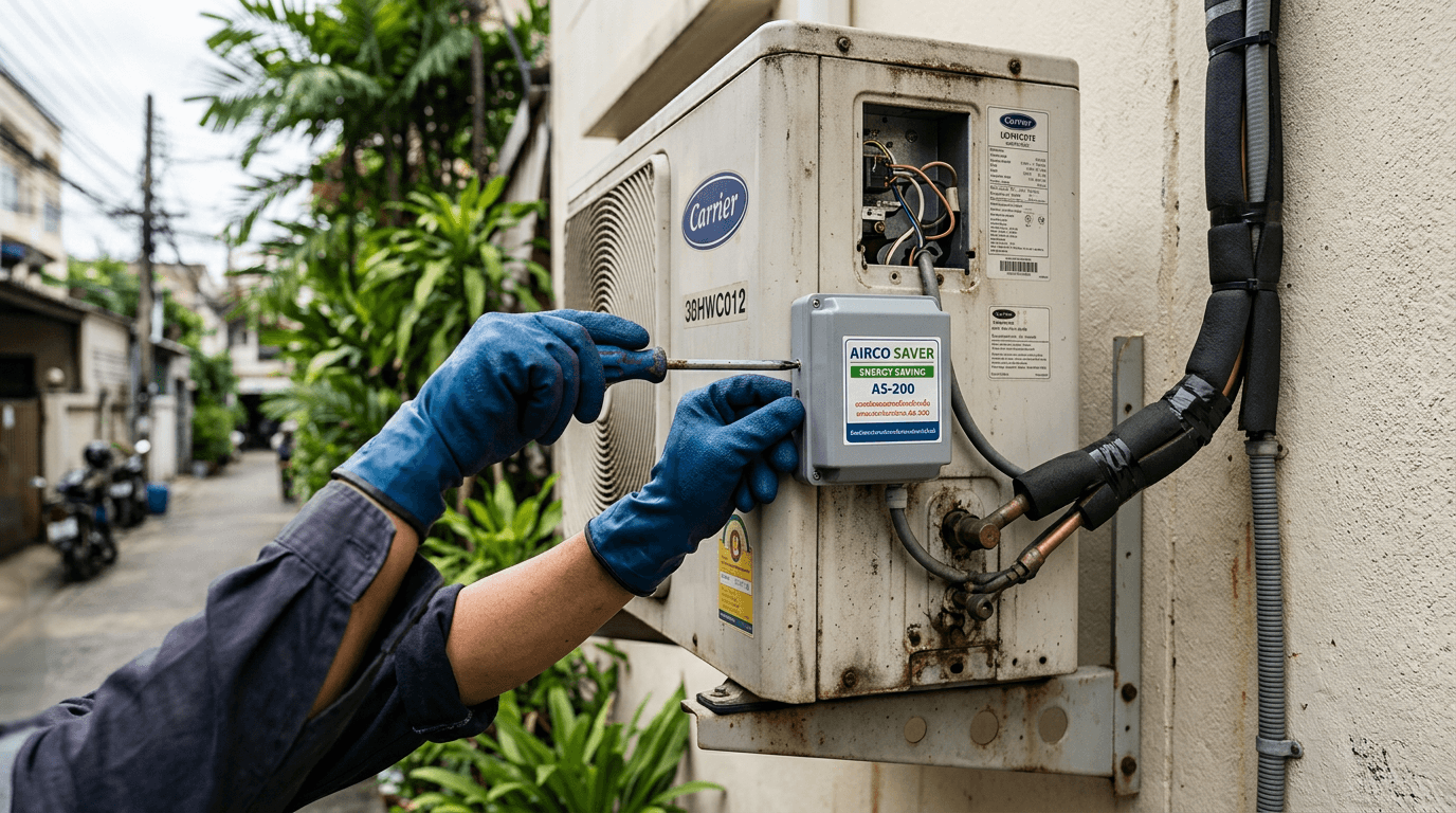 Hands installing Airco Saver device on AC condenser