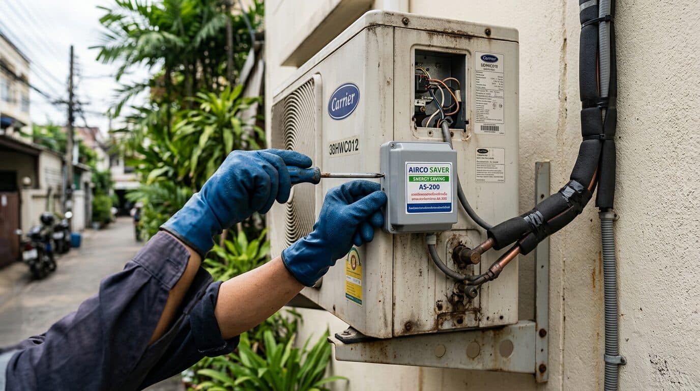 Hands installing Airco Saver device on AC condenser