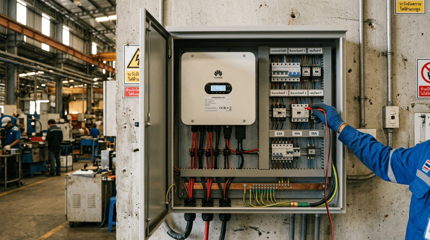 Open inverter cabinet with cabling and breakers