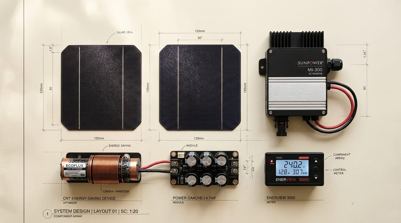 Flat lay ผลิตภัณฑ์ MIT Energy: แผงโซลาร์, อินเวอร์เตอร์, ECO device และ EMP meter